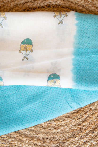 Aqua Koi Digital Print Linen Saree
