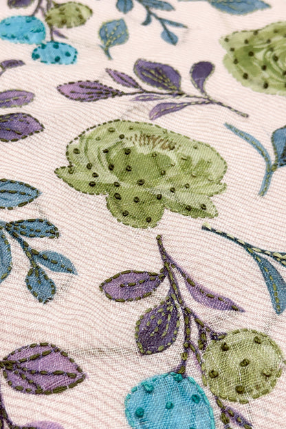 Meadow Bloom Floral Threadwork Linen Saree with Brush-Painted Details - SS114