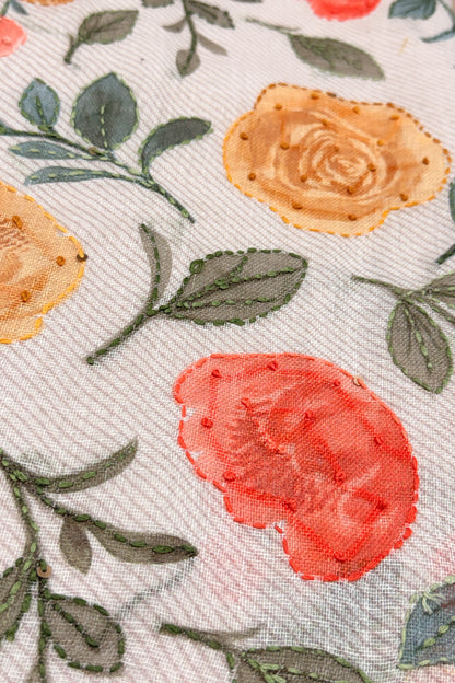 Marigold Mist Floral Threadwork Linen Saree with Brush-Painted Details - SS117