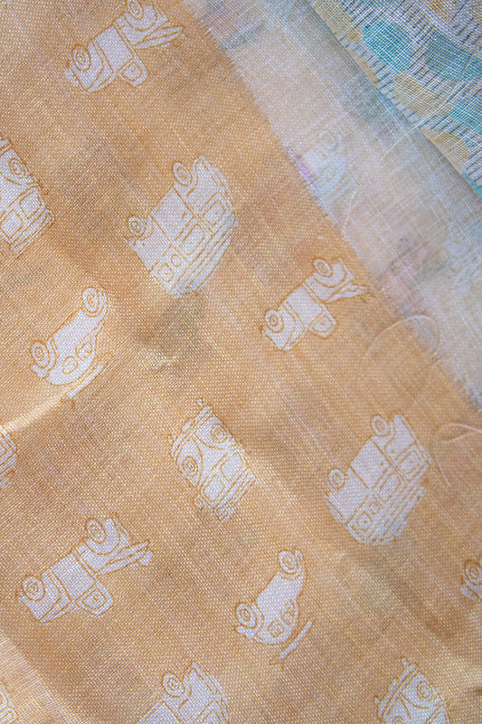 Vintage Ride Digital Print Linen Saree