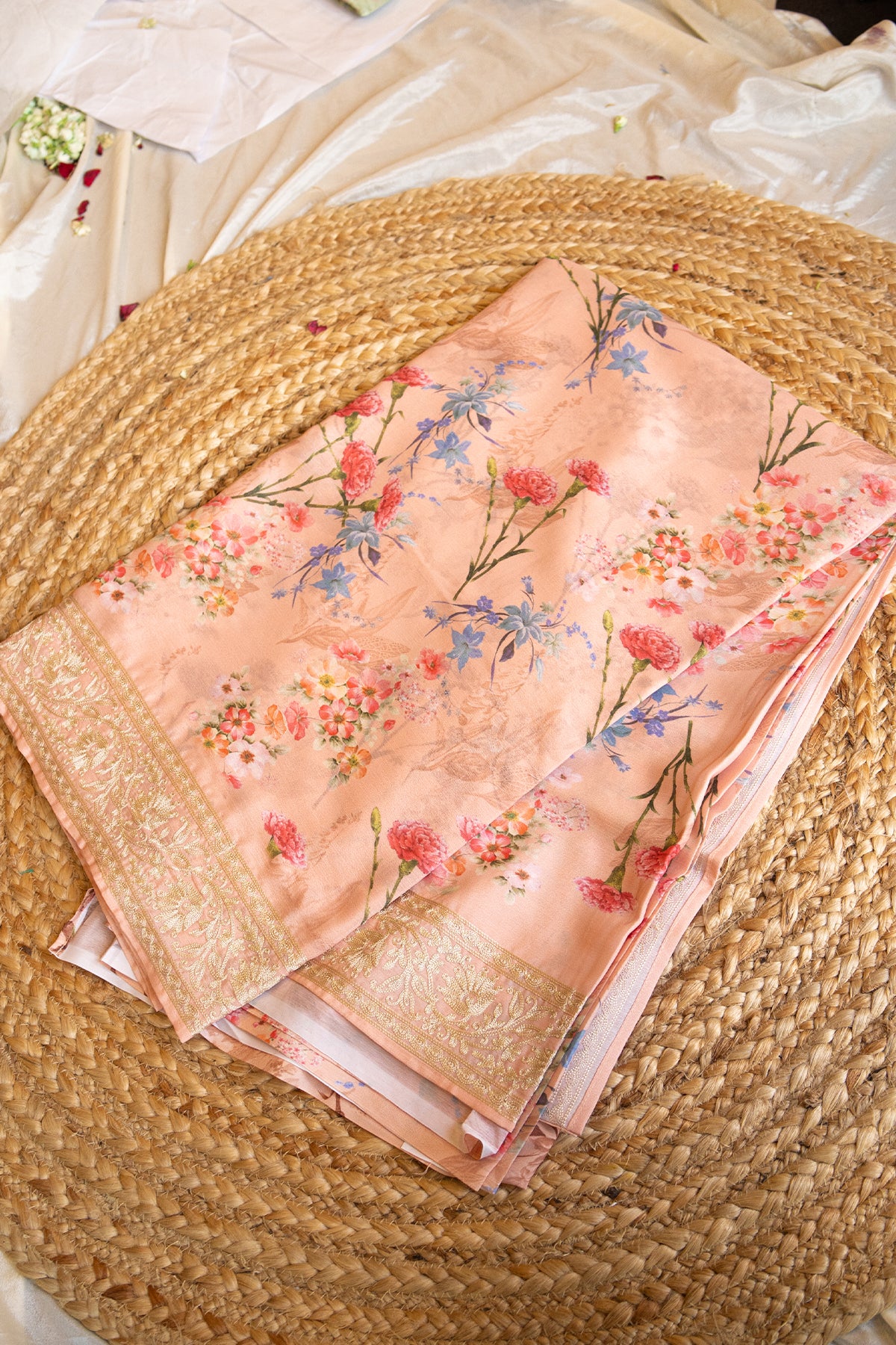 Rose Bloom Crepe Chinnon Saree