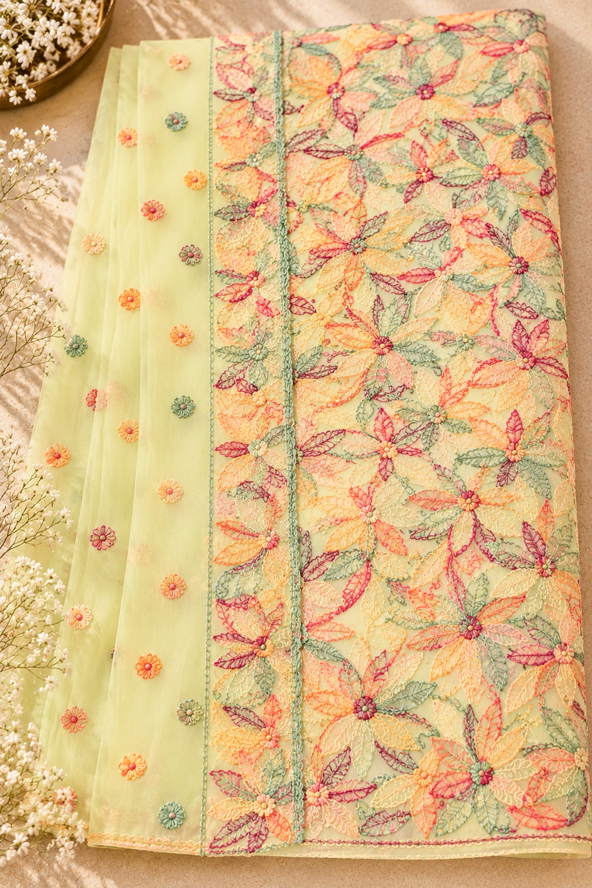 Lime Green Georgette Chikankari Saree - SS095