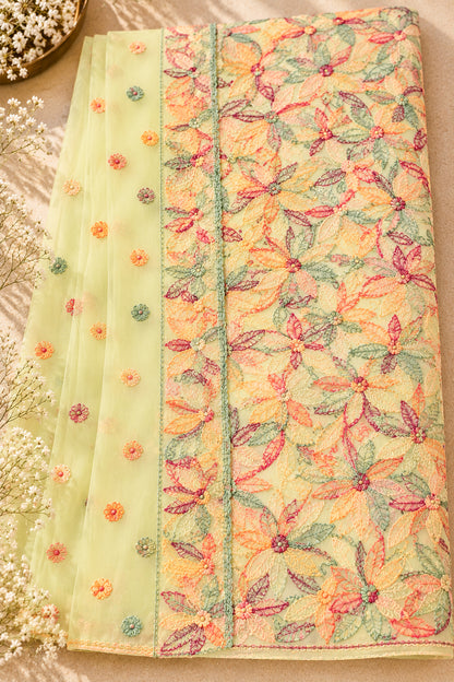 Lime Green Georgette Chikankari Saree - SS095
