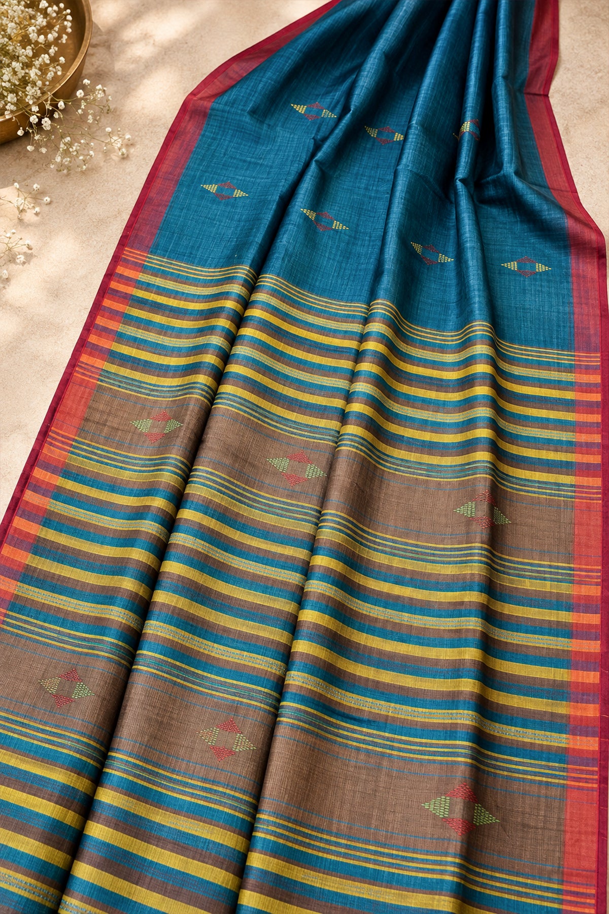 Blue & Earthy Brown Banana Stem Saree - SS089
