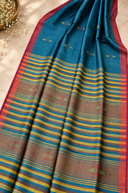 Blue & Earthy Brown Banana Stem Saree - SS089