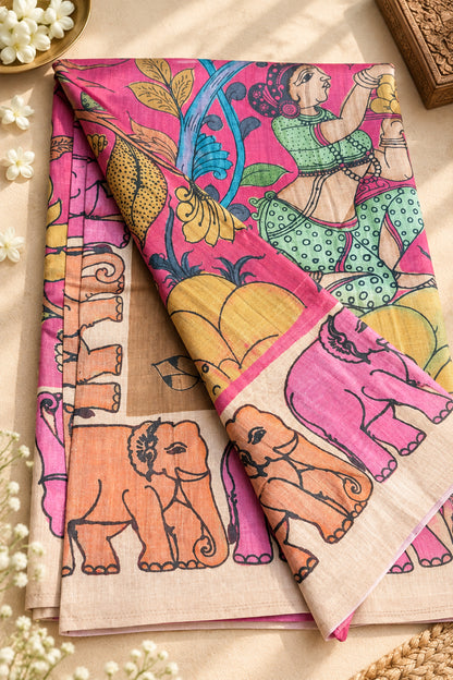 Rani Pink & Multicolour Ghicha Tussar Inspired Kalamkari Saree - SS100