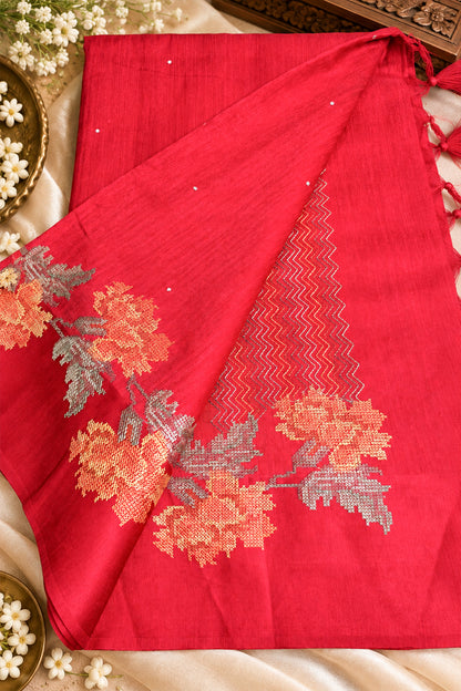 Red Jute Matka Cross-Stitch Floral Saree - SS109