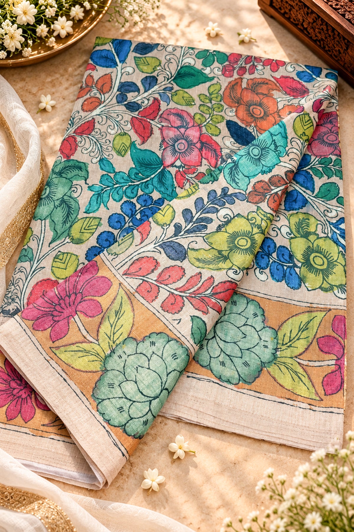 Mustard Border Ivory Floral Kalamkari Ghicha Tussar Inspired Saree - SS107