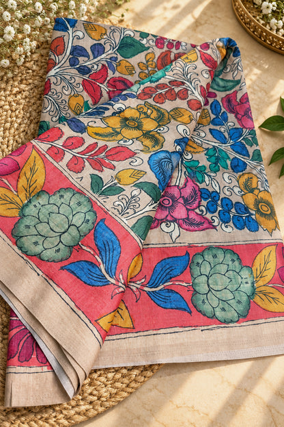 Coral Pink Border Ivory Floral Kalamkari Ghicha Tussar Inspired Saree - SS108