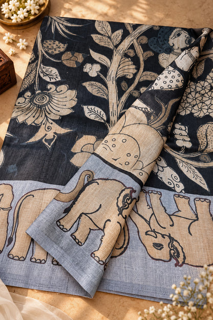 Deep Indigo & Ivory Ghicha Tussar Inspired Kalamkari Saree - SS101