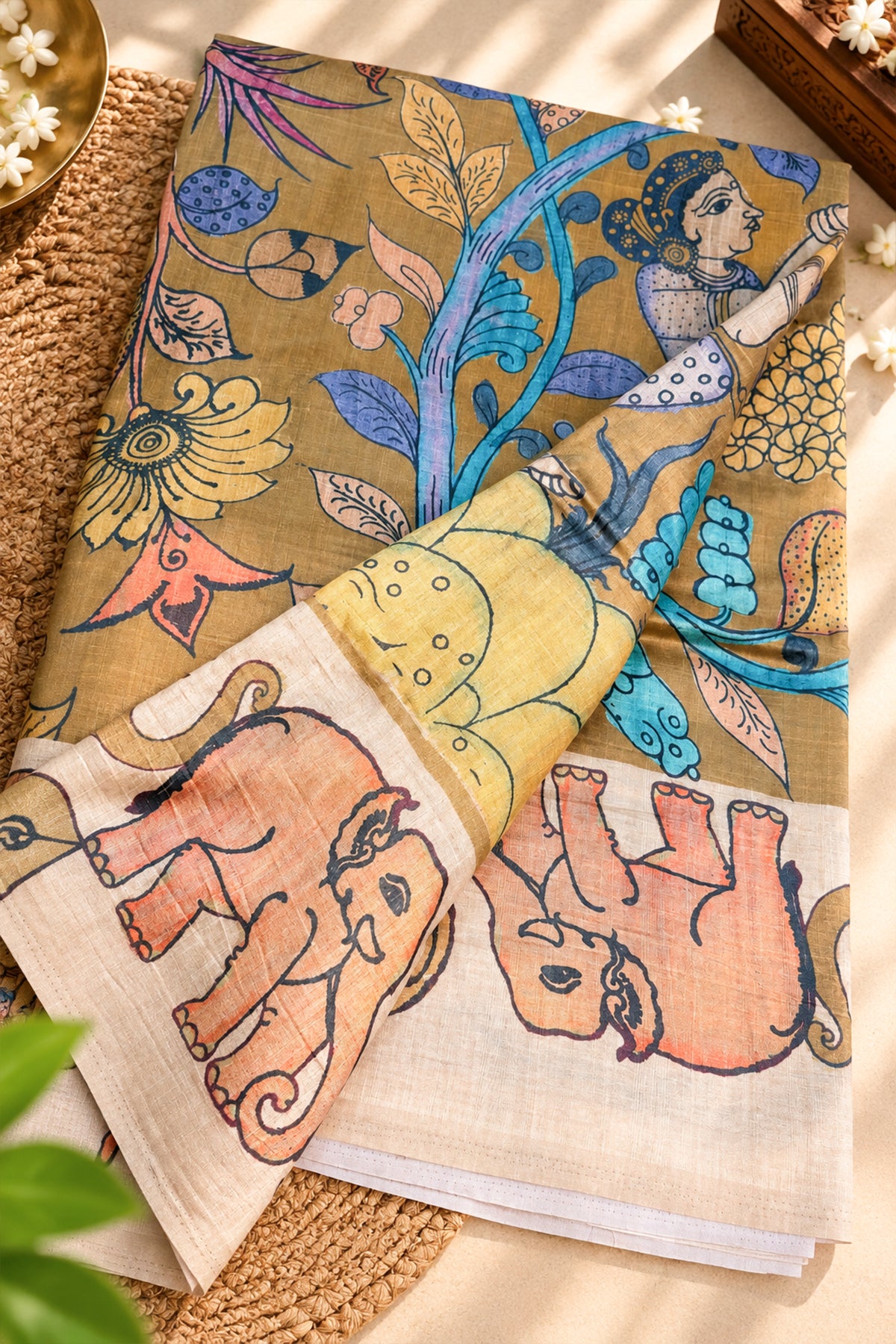 Mustard & Multicolour Kalamkari Ghicha Tussar Inspired Saree - SS099