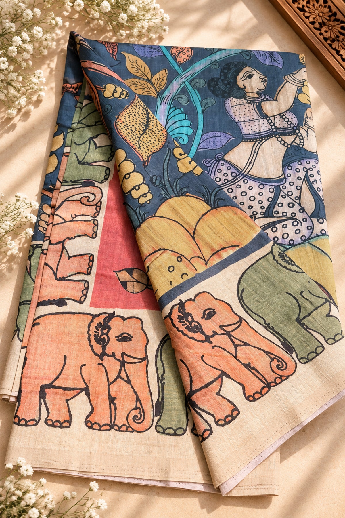 Denim Blue & Multicolour Ghicha Tussar Inspired Kalamkari Saree - SS102