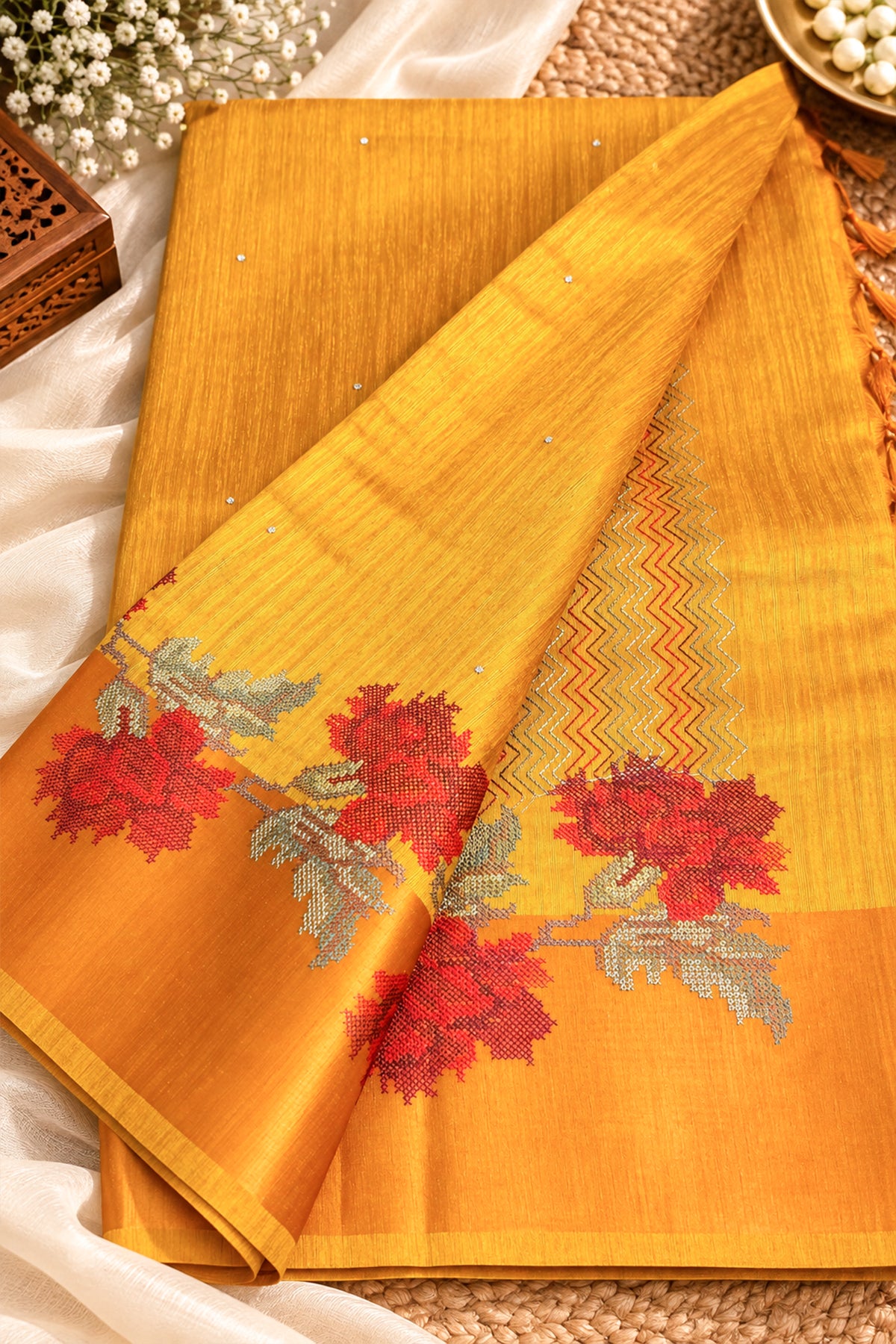 Mustard Yellow Jute Matka Red Floral Cross-Stitch Saree - SS113