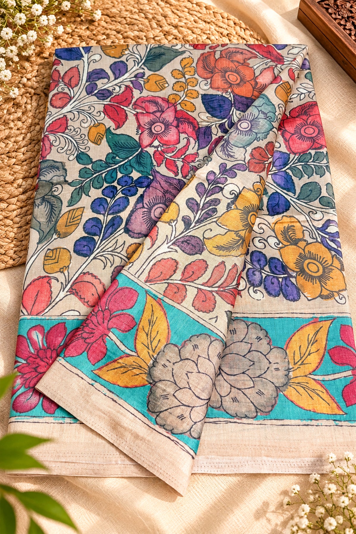 Ivory & Multicolour Floral Ghicha Tussar Inspired Kalamkari Saree - SS103