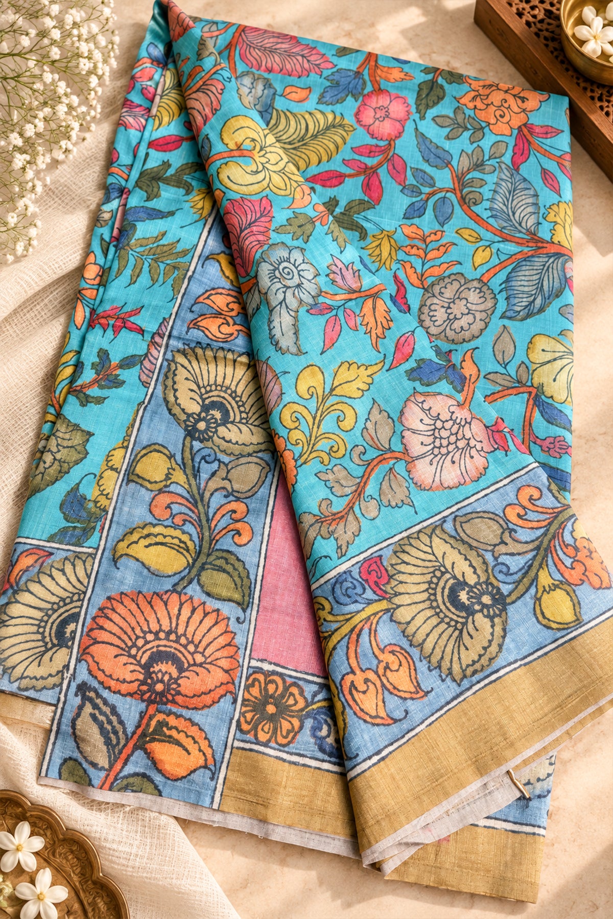 Turquoise Blue & Multicolour Floral Ghicha Tussar Inspired Kalamkari Saree - SS104