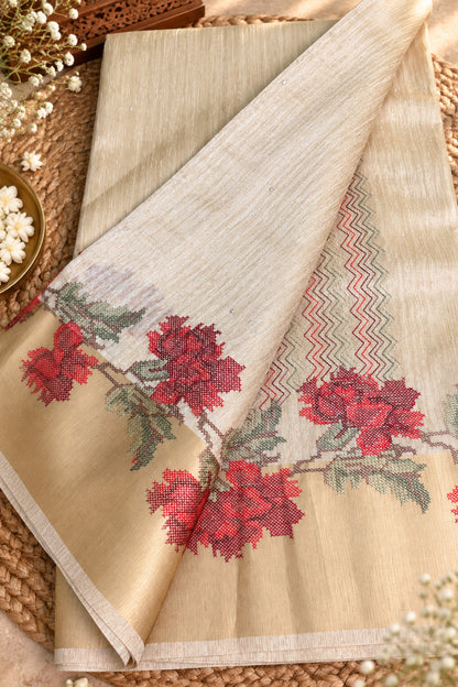 Ivory Jute Matka Pink Floral Cross-Stitch Saree - SS110