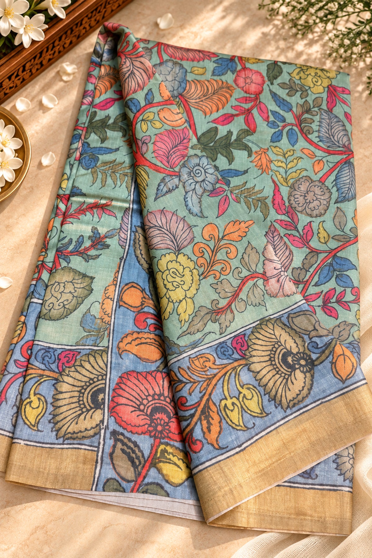Sage Green & Multicolour Floral Ghicha Tussar Inspired Kalamkari Saree - SS105
