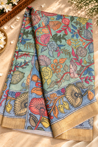 Sage Green & Multicolour Floral Ghicha Tussar Inspired Kalamkari Saree - SS105