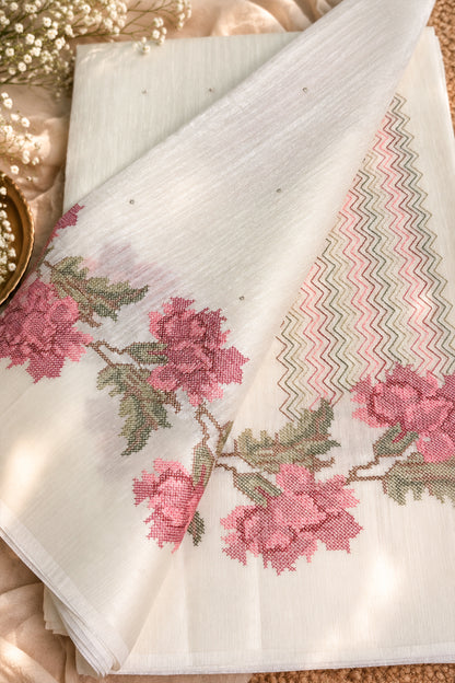White Jute Matka Pink Floral Cross-Stitch Saree - SS112