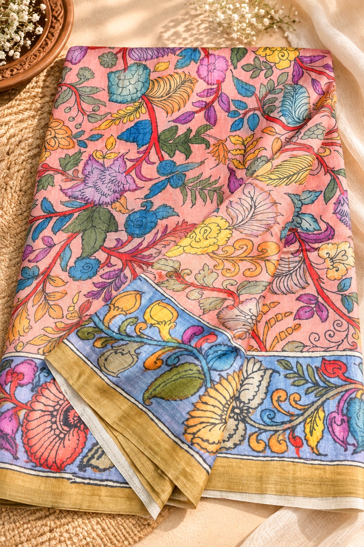 Blush Pink & Multicolour Floral Ghicha Tussar Inspired Kalamkari Saree - SS106