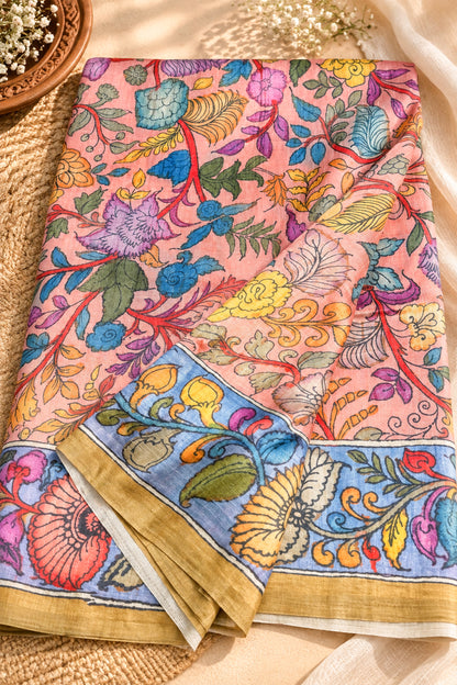 Blush Pink & Multicolour Floral Ghicha Tussar Inspired Kalamkari Saree - SS106