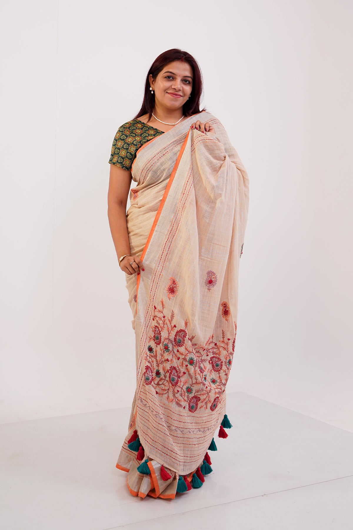 Ivory & Coral French Knot Cotton Linen Saree - SS064