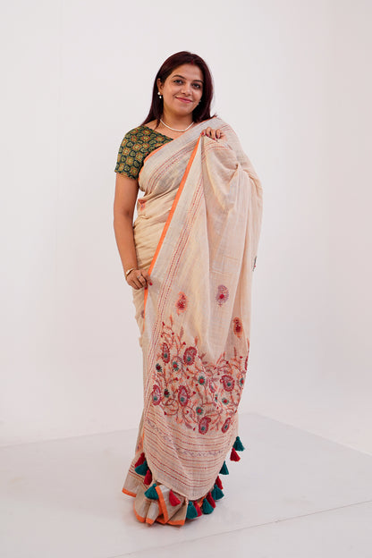 Ivory & Coral French Knot Cotton Linen Saree - SS064