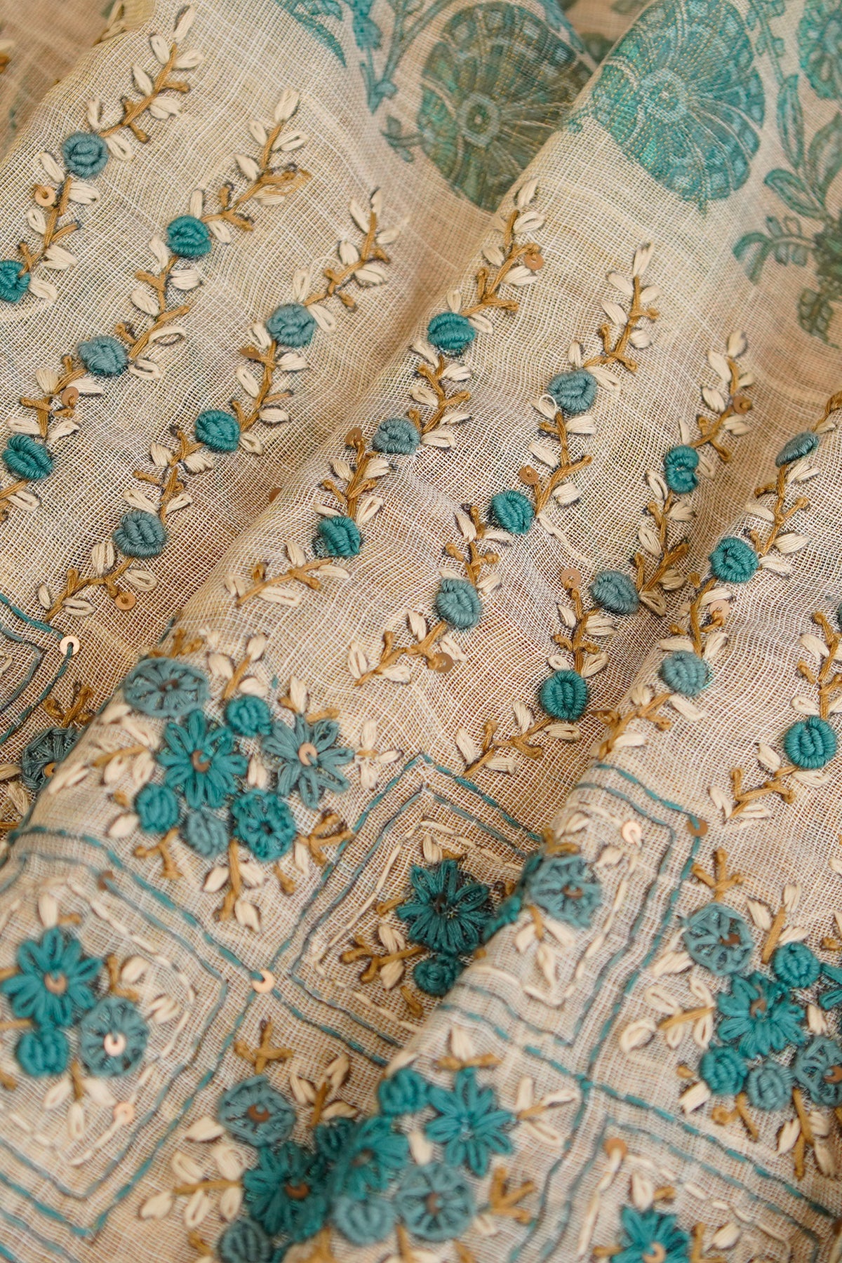 Aqua Bloom Embroidered Tissue Linen Saree – SS036