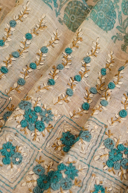 Aqua Bloom Embroidered Tissue Linen Saree – SS036