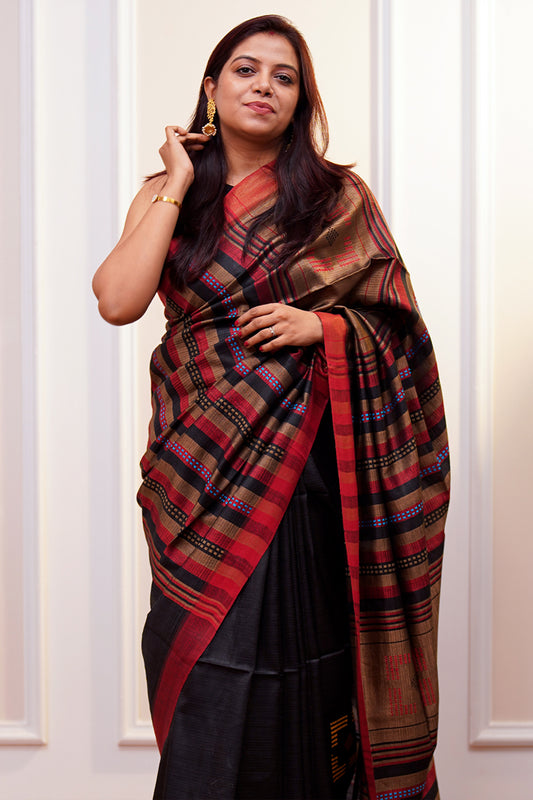 Black & Red Banana Stem Saree - SS050