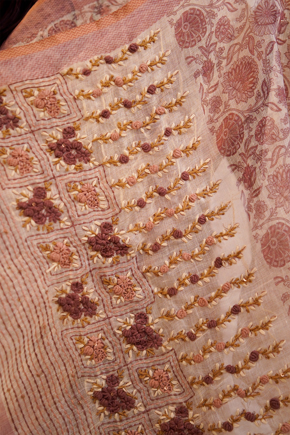 Blush Beige Floral Embroidered Tissue Linen Saree - SS069