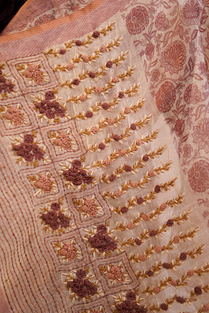 Blush Beige Floral Embroidered Tissue Linen Saree - SS069