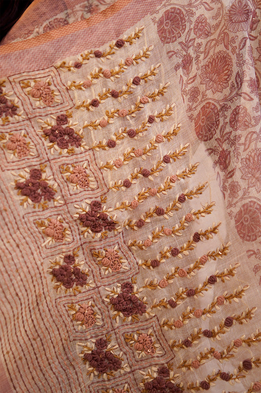 Blush Beige Floral Embroidered Tissue Linen Saree - SS069