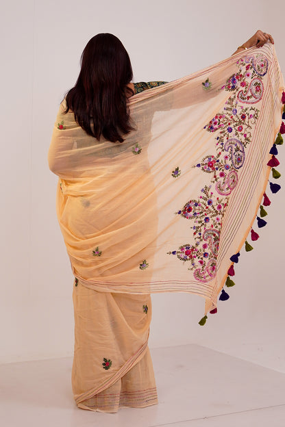 Peach & Multicolour French Knot Linen Saree - SS067