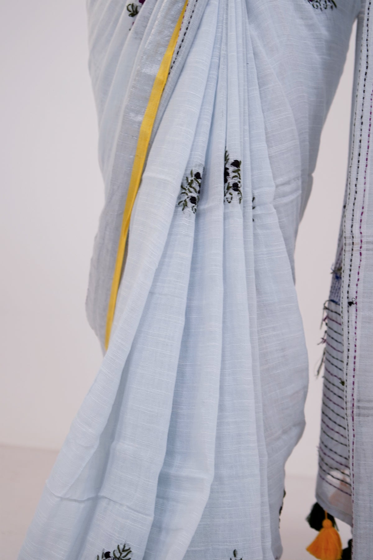 White & Multicolour French Knot Linen Saree - SS066