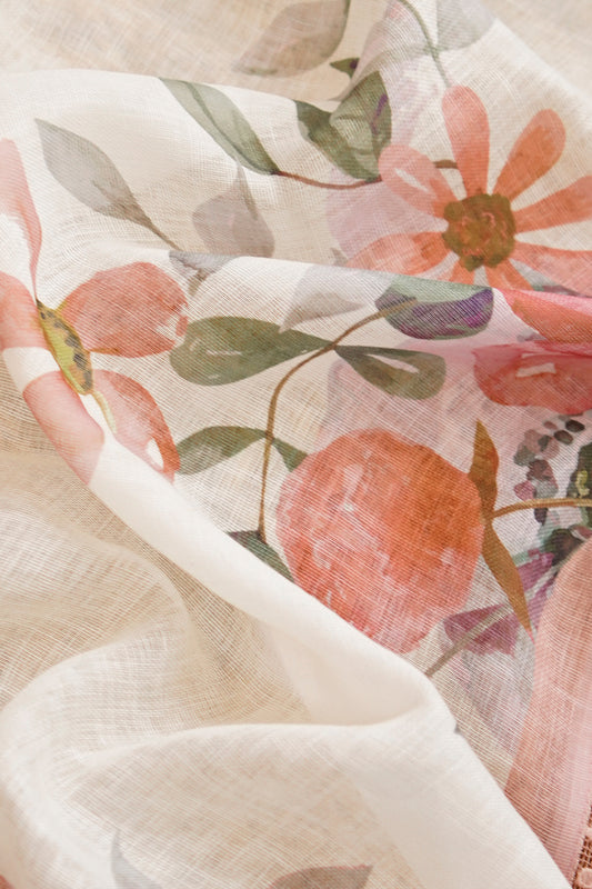 Blush Garden Digital Print Linen Saree with Imported Lace – SS039