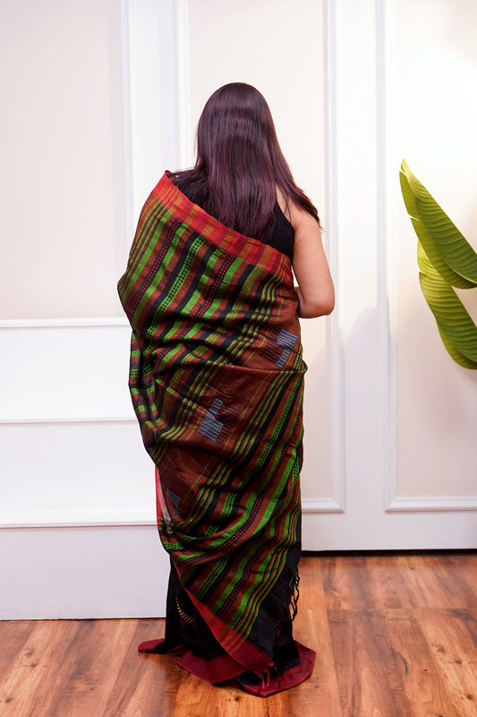 Black & Green Banana Stem Saree - SS056