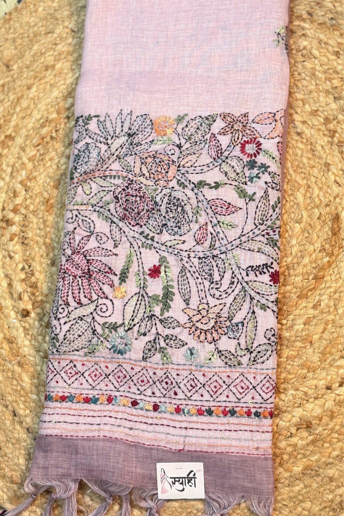 Soft Pink Linen Saree with Full Handwork Blouse - SS074