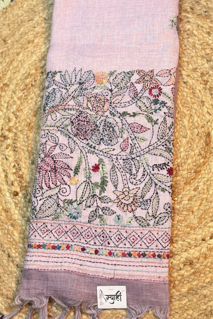 Soft Pink Linen Saree with Full Handwork Blouse - SS074
