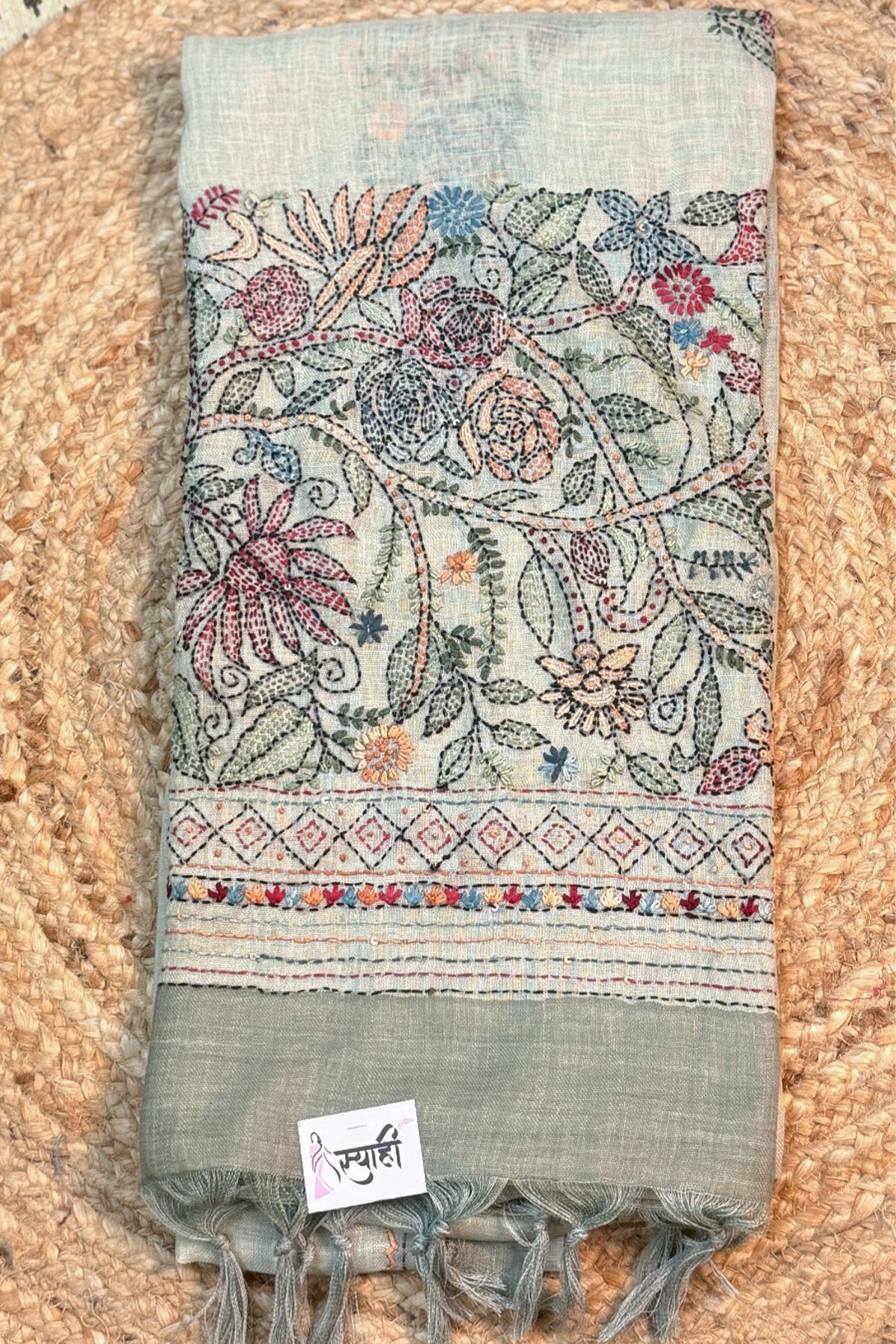 Sage Green Linen Saree with Full Handwork Blouse - SS075