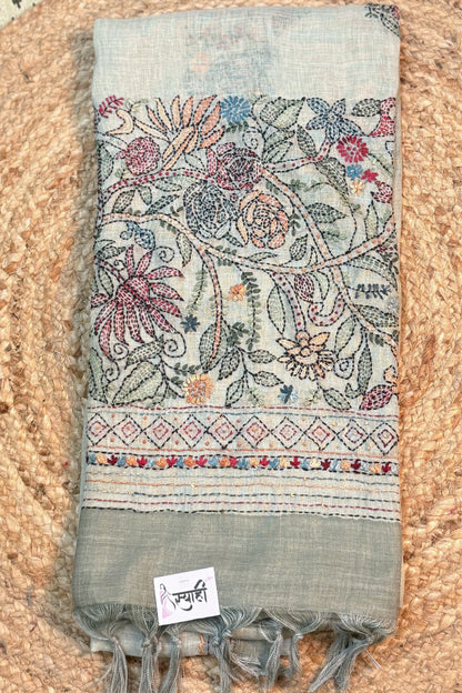 Sage Green Linen Saree with Full Handwork Blouse - SS075