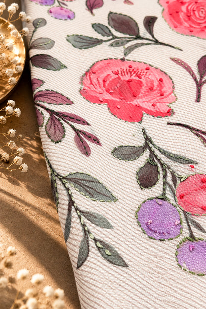 Gulnaar Floral Threadwork Linen Saree with Brush-Painted Details - SS115