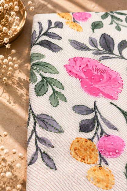 Basanti Bloom Floral Threadwork Linen Saree with Brush-Painted Details - SS116