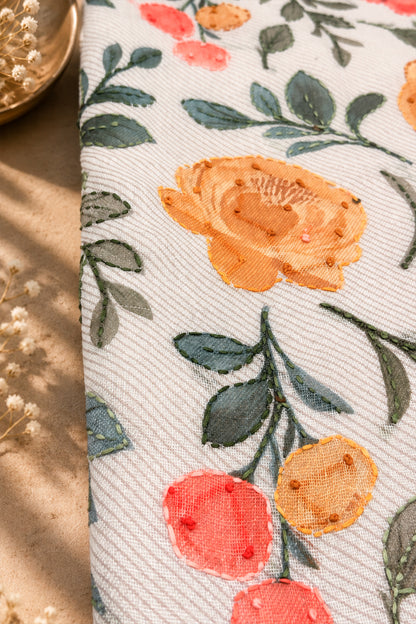 Marigold Mist Floral Threadwork Linen Saree with Brush-Painted Details - SS117