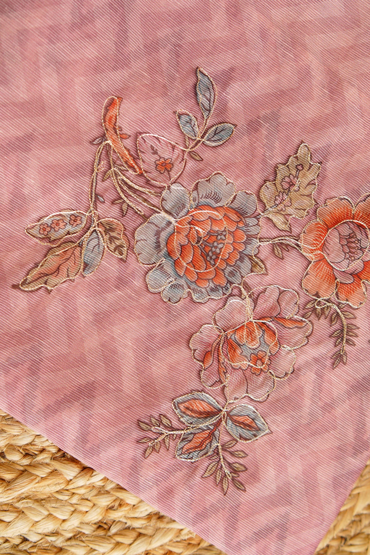 Blush Pink Bloom Aari Work Supernet Saree – SS038