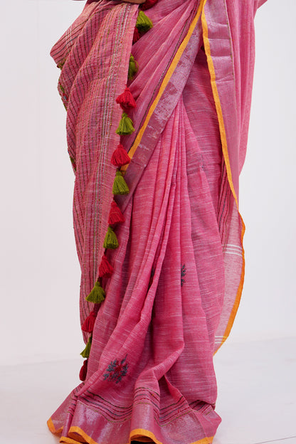 Gulabi Noor French Knot Cotton Linen Saree - SS048