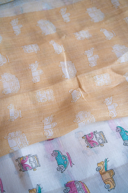 Vintage Ride Digital Print Linen Saree