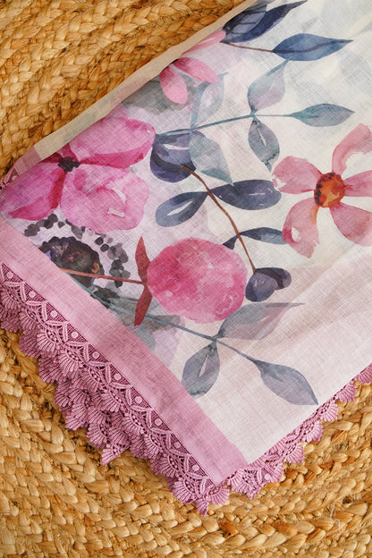 Blush Blossom Digital Print Linen Saree with Imported Lace - SS040