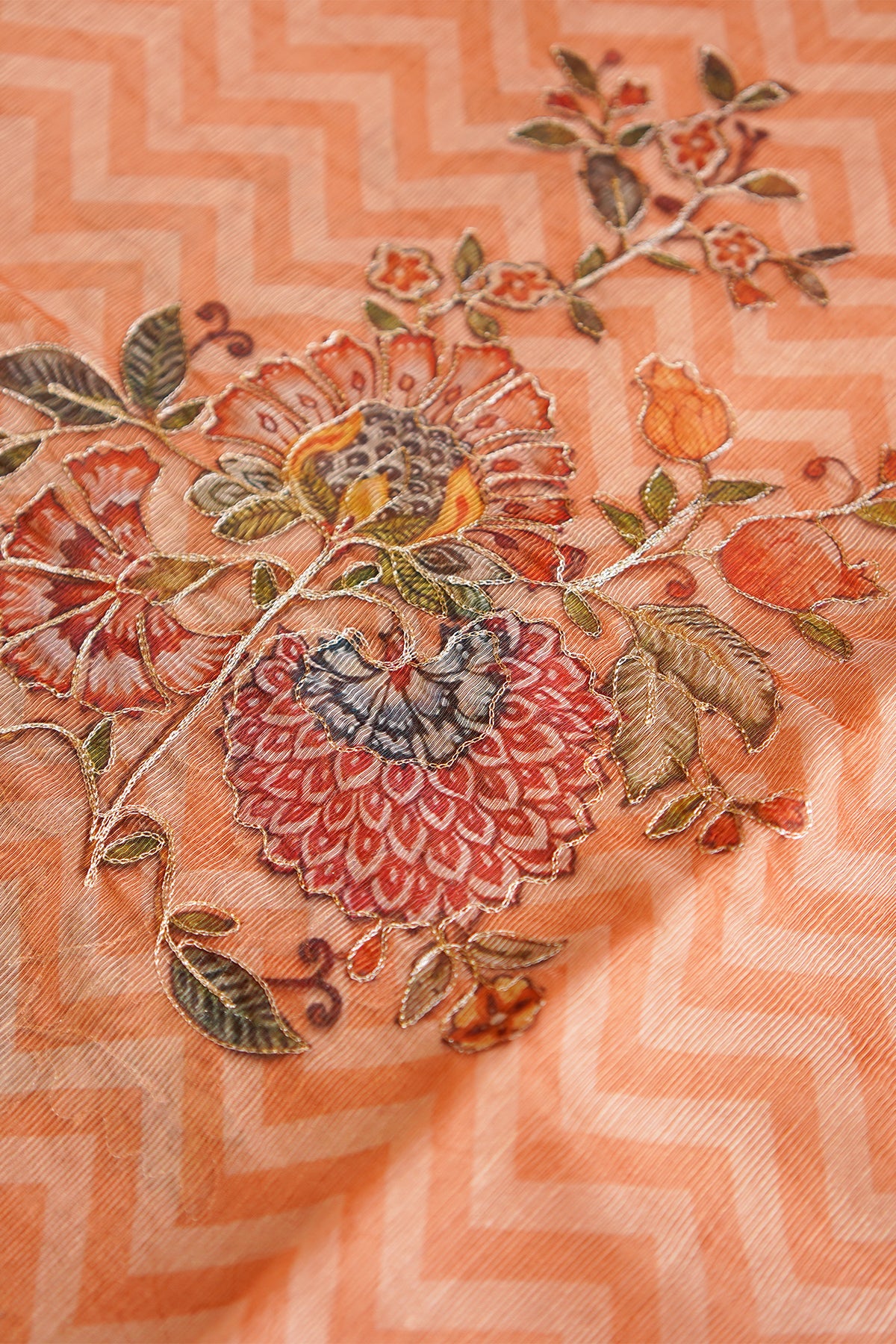 Peach Bloom Aari Work Supernet Saree – SS037