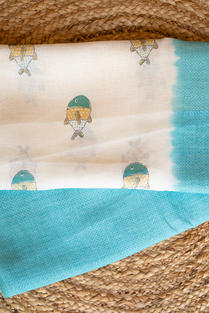 Aqua Koi Digital Print Linen Saree
